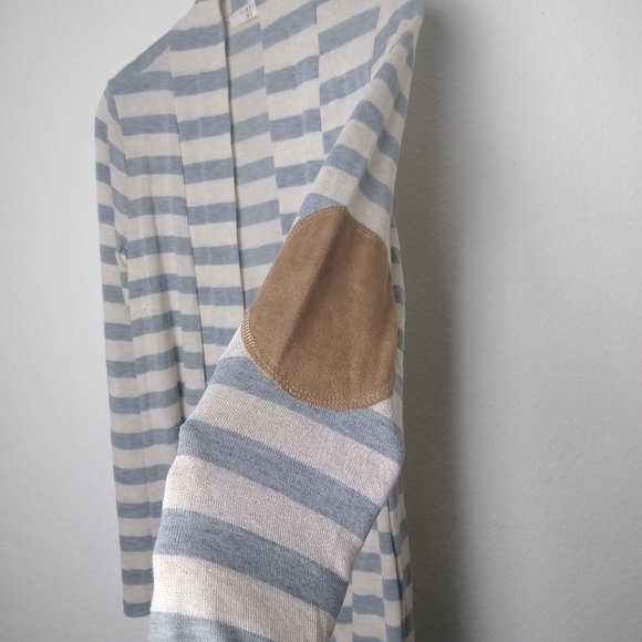 ALWAYS ME' Linen Blend Blue Striped Drape Front Elbow Patch Medium Cardigan - Picture 7 of 8